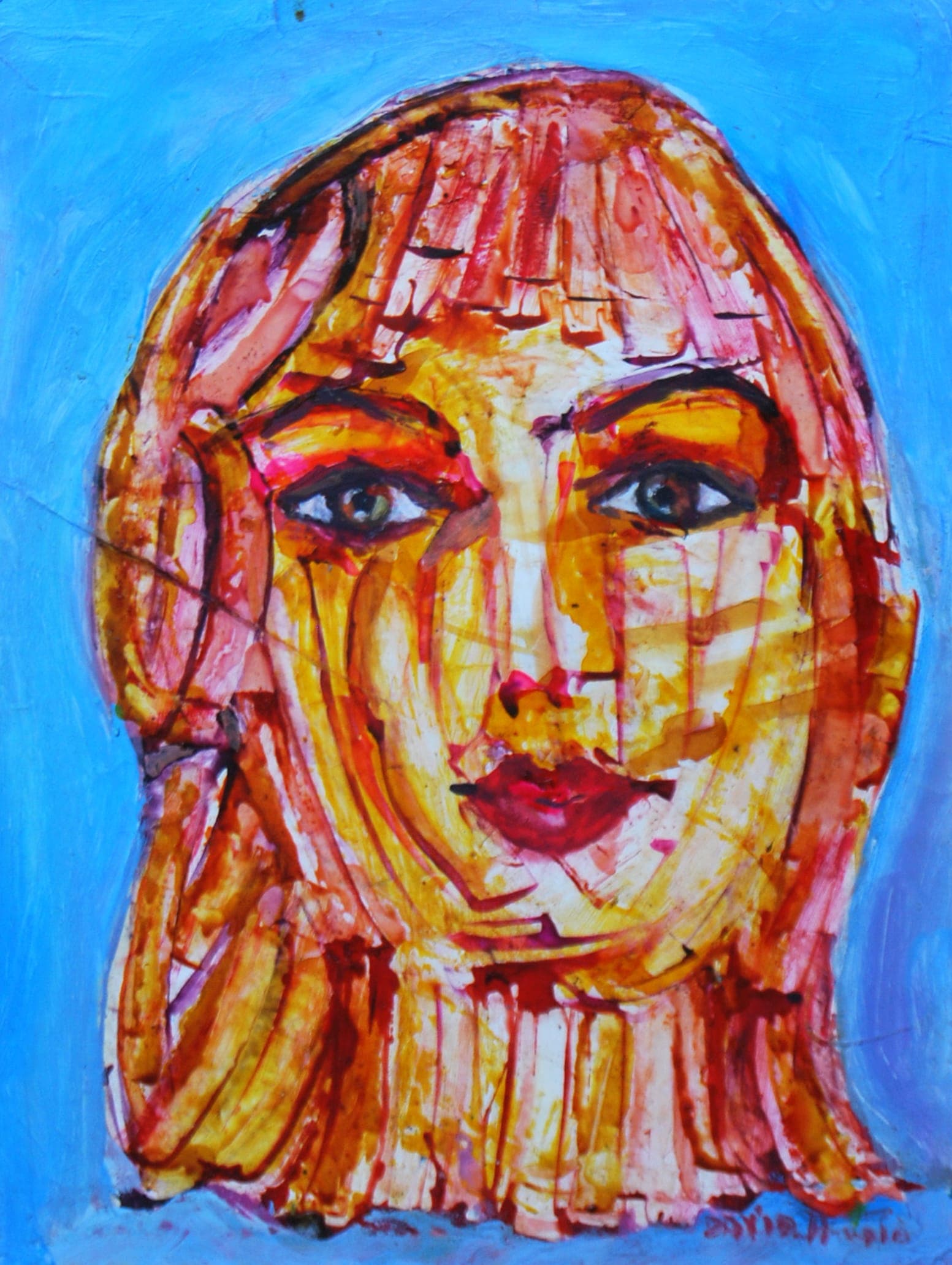 Estudio rostro — David Acosta, 2014. Glass paint on card.