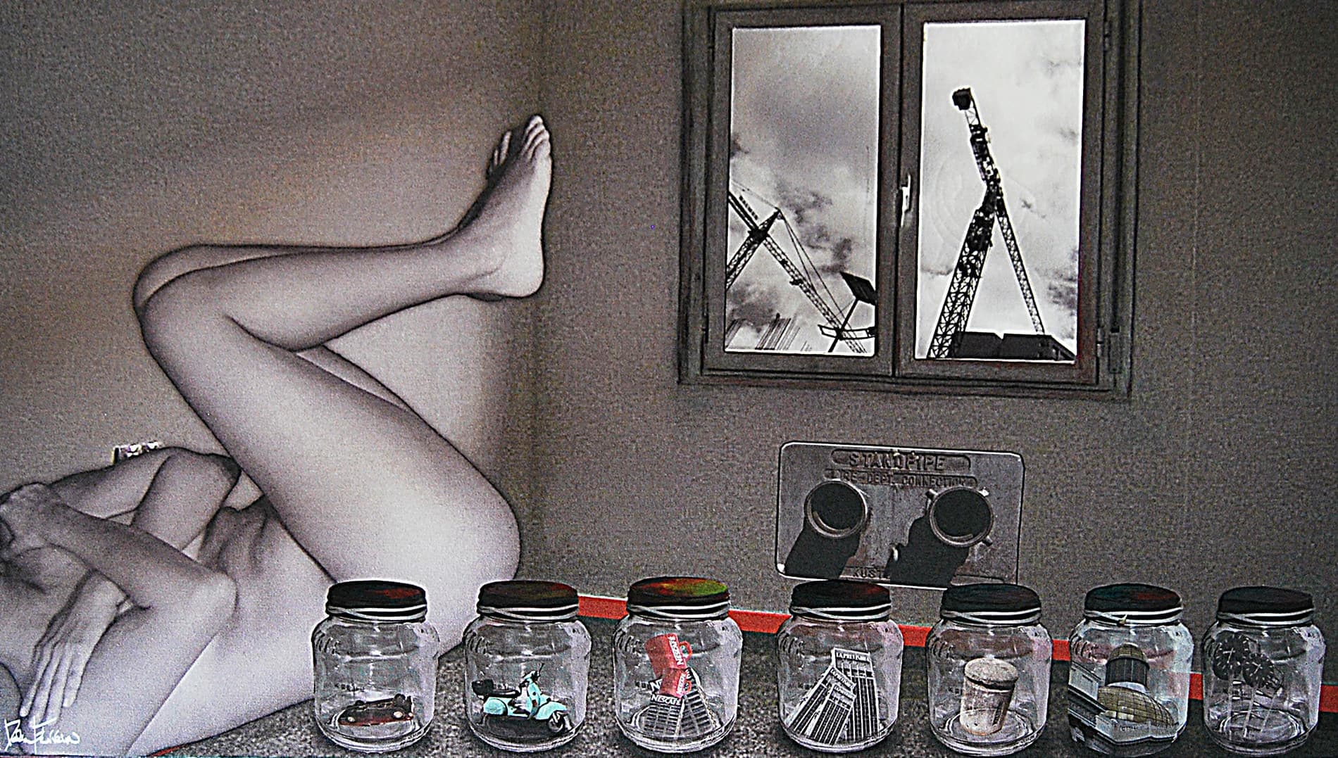 La grúa — Dalia Ferreira, 2013. Fotografía intervenida, 66 × 112 cm (26 × 44 in).